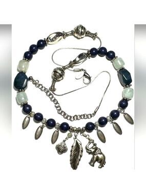 Vintage Necklace Signed CHICO'S Silver Tone Long Elephant Feather Blue 36.5"